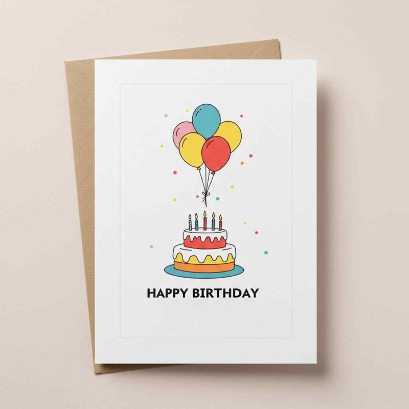 Colorful Cake & Balloons Birthday Card