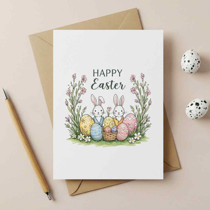 Cute Easter Bunny and Eggs Card