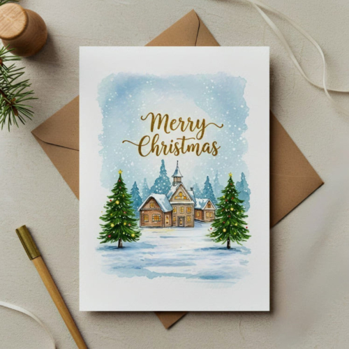 Christmas Snowy Church Card