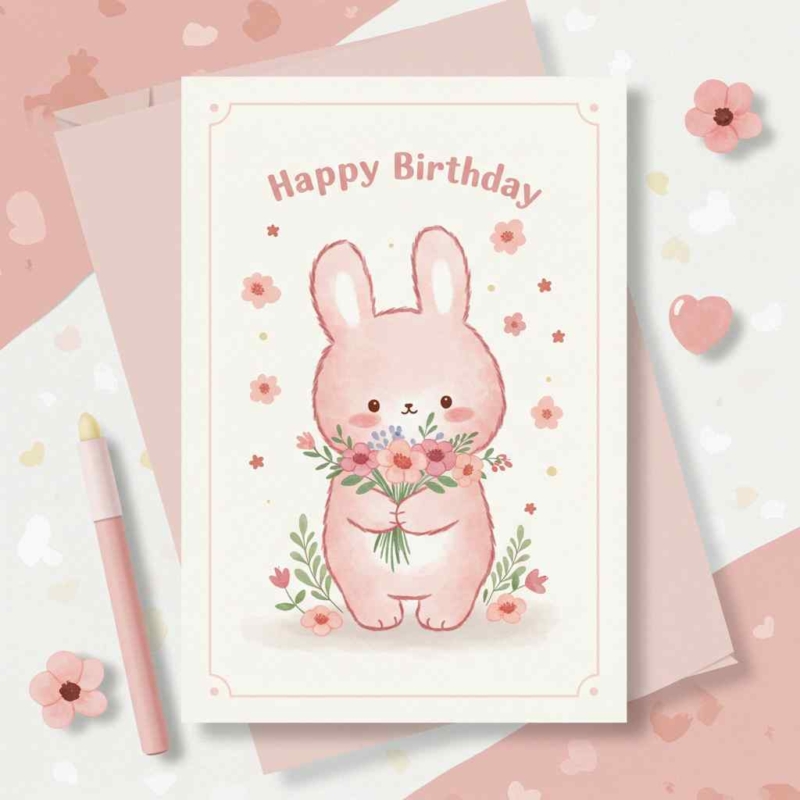Cute Pink Bunny Birthday Card